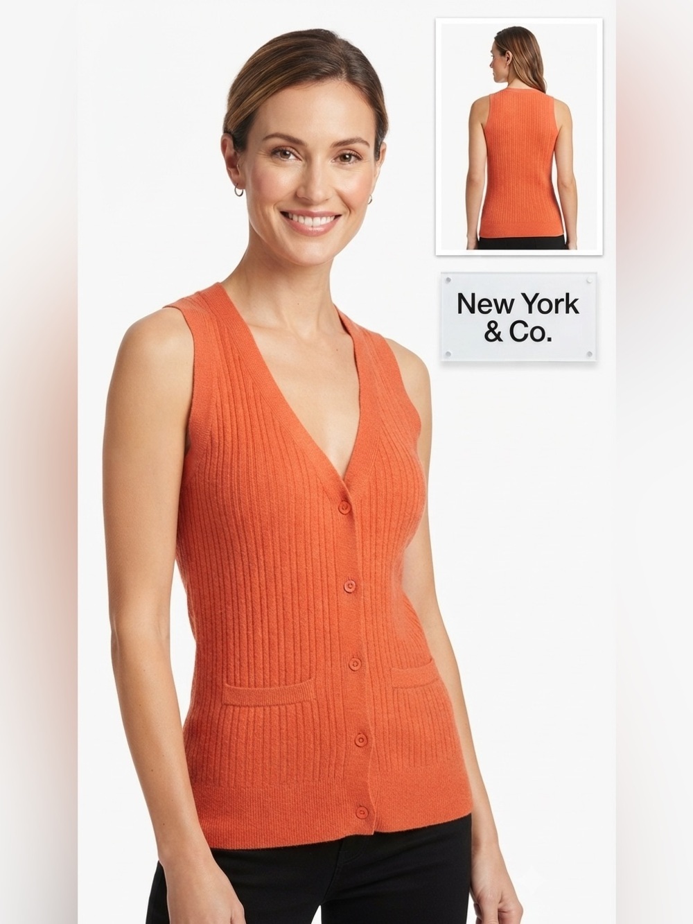 New York & Company Orange Button Up V-Neck Sweater Vest/Top Extra Small